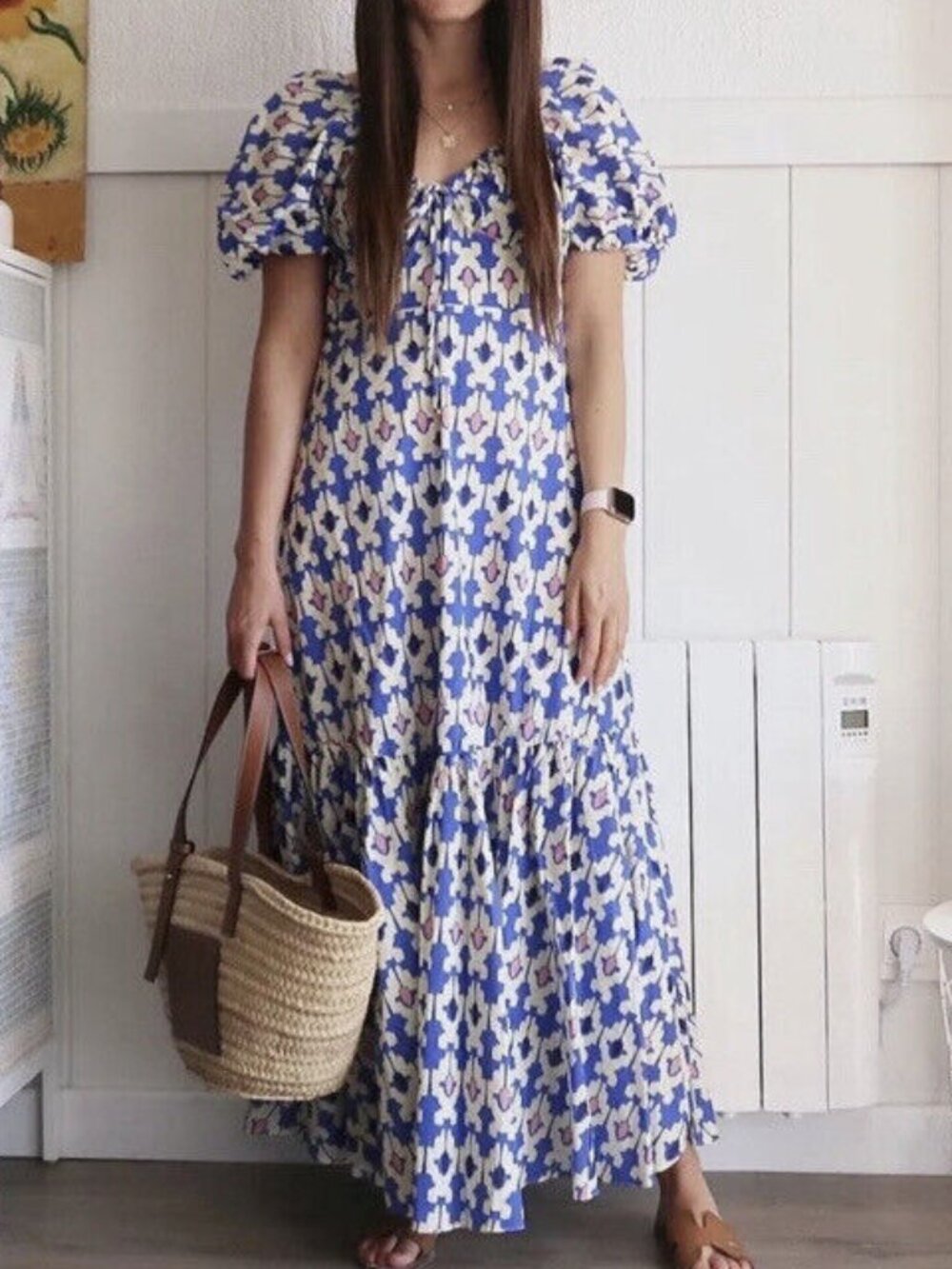 ZARA Blue Geometric Patterned Puff-Sleeve Sweetheart Tiered Midi Dress Large EUC
